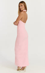 Lani Midi Dress - Scooped Neckline Draped Skirt Halter Dress in Pink