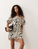 Yas Puff Sleeve Off Shoulder Mini Shift Dress In Mono Swirl Print