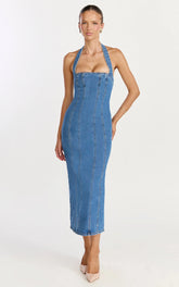 Skye Midi Dress - Halter Neck Panelled Denim Dress in Mid Blue Wash