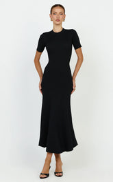 Lanie Midi Dress - Knitted Crew Neck Short Sleeve Dress in Black