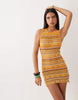 Kiwi & Co Walking On Sunshine Crochet High Neck Sleeveless Mini Beach Dress In Orange Stripe