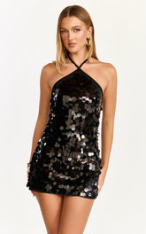 Dana Mini Dress - Diamond Neckline A Line Sequin Halter Dress in Black