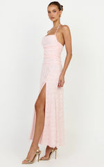 Seraphina Midi Dress - Gathered Bodice Halter Clipped Jacquard Dress in Pink