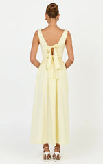 Casina Midi Dress - Boat Neck Tie Back Fit And Flare Dress in Yellow