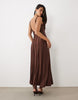 Slinky Scoop Neck Maxi Dress With Exposed Seams In Brown