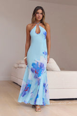 Blooming Tide Halter Maxi Dress Blue