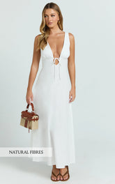 Silvena Midi Dress - V Neck Tie Front A Line Dress in White