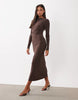 Long Sleeve Twist Hardware Detail Midi Dress In Choclate