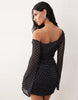 Printed Mesh Off Shoulder Mini Dress With Angel Sleeve In Spot Print
