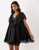 V Neck Satin Ruffle Mini Dress With Lace Trim In Black