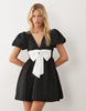 Sister Jane Bordeaux Exclusive Jacquard V-Neck Puff Sleeve Mini Dress With Contrast Bow In Black