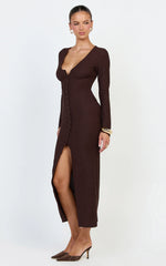 Zayla Midi Dress - Long Sleeve Button Front Bodycon Dress in Chocolate