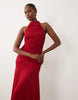 Bardot Mesh High Neck Ruched High Split Maxi Dress In Deep Cherry