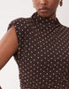 Printed Mesh High Neck Detail Maxi Dress With Shoulder Pads In Polka Dot