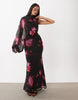One Sleeve Blouson Overlay Bias Cut Maxi Dress In Pink Floral