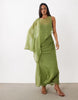 Draped Batwing Asymmetric One Sleeve Maxi Dress In Light Khaki