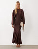Cape Kimono Sleeve Maxi Dress With Godets And Tassel Tie Detail In Chocolate