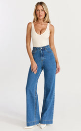 Emman Jeans - High Waisted Cotton Wide Leg Denim Jeans in Dark Blue Wash
