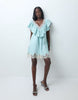 V Neck Poplin Ruffle Mini Dress With Lace Trims In Dusky Blue