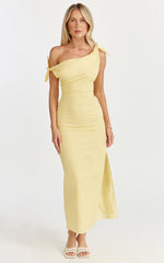 Cincinnati Midi Dress - Off The Shoulder Side Split Column Linen Dress in Lemon