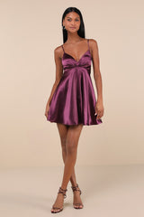 Happily Yours Plum Purple Satin Skater Mini Dress