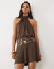 New Look Sequin Drop Waist Mini Dress In Dark Brown