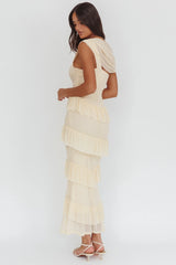 Anaisa Asymmetric Neckline Frill Maxi Dress Cream