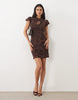 New Look Flocked Keyhole Detail Mandarin Collar Mini Dress In Dark Brown
