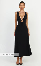 Silvena Midi Dress - V Neck Tie Front A Line Dress in Black