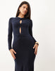 Slinky Twist Plunge Maxi Dress With Long Sleeves In Navy