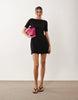 Rib Slash Neck Shoulder Seam Mini Dress In Black