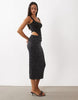 Oh Polly Modal Squareneck Bodice Draped Skirt Detail Midi Dress In Black Polka Dot