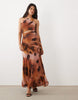 Mesh Square Halter Maxi Dress With Asymmetric Ruching In Blur Animal Print