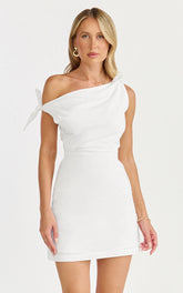 Jeofina Mini Dress - Off The Shoulder Linen Look Dress in White