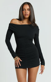 Zoe Mini Dress - Asymmetric Off Shoulder Fitted Sleeve Ruched Jersey Dress in Black