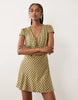 Nobody'S Child Rosa V Neck Lace Trim Cap Sleeve Mini Dress In Green Check