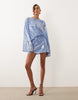 Glass Sequin Batwing Mini Dress With Draped Front Bodice In Blue