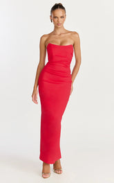 Pietra Midi Dress - Strapless Side Seam Tucks Fitted Dress in Red