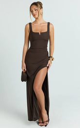 Thelma Maxi Dress - Square Neck Bodycon Dress in Chocolate