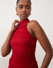 Bardot Mesh High Neck Ruched High Split Maxi Dress In Deep Cherry
