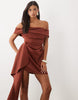 Drape Bardot Mini Dress With Asymmetric Skirt In Brown Scuba-Style Fabric