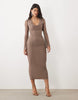 Mesh Angel Sleeve Lace Up Back Long Sleeve Midi Dress In Mocha