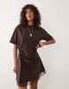 Wrapped Waist Mini Dress With Lace Hem In Chocolate