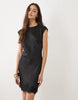 Tall Slash Neck Satin Mini Dress With Lace Hem In Black