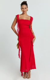 Rosha Midi Dress - Ruffle Strap Dress in Red