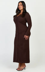 Zayla Midi Dress - Long Sleeve Button Front Bodycon Dress in Chocolate