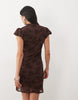 New Look Flocked Keyhole Detail Mandarin Collar Mini Dress In Dark Brown