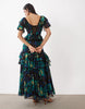 Full Hem Ruffle Maxi Dress With Trim Detail And Open Back In Black Floral