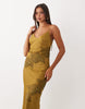 Lace Applique Satin Maxi Slip In Olive Green
