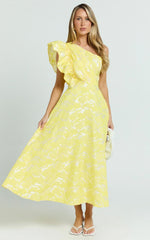 Alfreda Midi Dress One Shoulder Ruffle Detail Brailey Jacquard Dress in Yellow